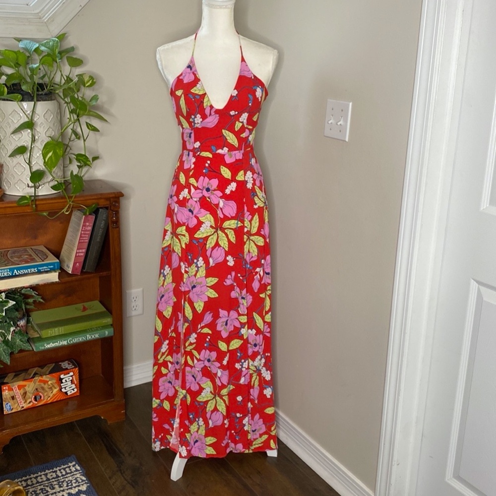Gianni Bini Red Floral Double Tie Back and Split Front Halter Maxi Dress Size S